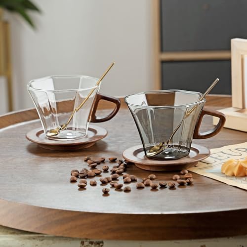 Bincoo Glass Mug with Wooden Handle and and Saucer Set-280ML Glass Coffee Cup Heat Resistant Lightweight Tea Mugs Ideal for Home, Cafe, Coffee Bar(Grey) - Image 4