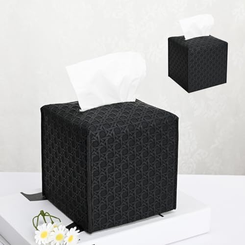 HOMOTEK 2 Pack Tissue Box Cover, Square PU Leather Tissue Holder, Decorative Facial Tissue Cube Paper Organizer Dispenser for Bathroom, Night Stands, Desk, Car 5X5X5'' - Rattan Weave,Dark Black by HOMOTEK