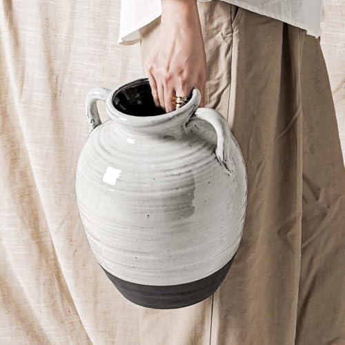 Large White Ceramic Vase with 2 Handles, 11.3 Inch, Farmhouse Rustic by LETAUCIGARDEN