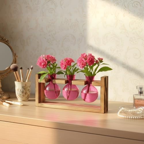 XXXFLOWER Plant Terrarium Jar Propagation Station Stand 3 Pink Bulb Vases - Image 3
