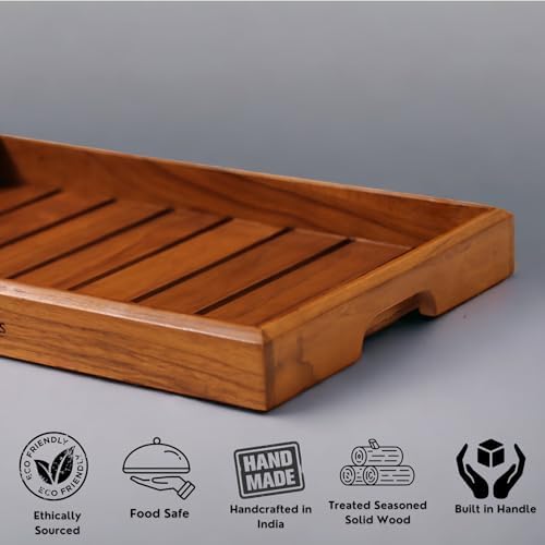 Vesta Homes Large Teak Wood Serving Tray for Home, Kitchen, Breakfast, Restaurant, Office Organizer, Dining Table | Premium Wooden Tray |15 * 10 * 1.5 Inches | Handmade in India - Image 2
