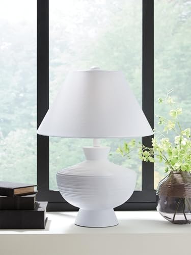 Signature Design by Ashley Harelwood Modern White Textured Table Lamp, 3-Way Switch, Plastic and Polyresin Sculptural Base with Cotton Fabric Shade, Living Room & Bedroom, Sanded White, 24" H - Image 4