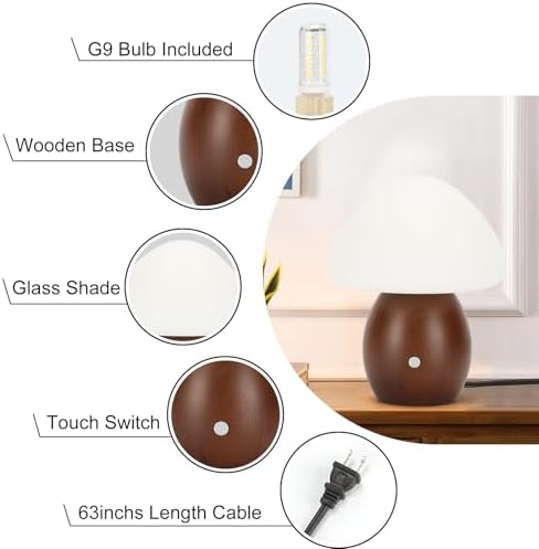 Mushroom Lamp with Touch Control Switch, Small Wooden Table Lamp with Glass Shade, 3 Way Dimmable Nightstand Lamp for Bedroom, G9 LED Bulb Included (Walnut Color&Opal White Glass Shade) - Image 6