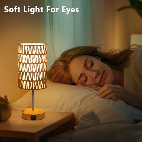 Boho Table Lamp for Bedroom with Bulb, Small Touch Control Table Lamp for Living Room with Rattan & Linen Shade, 3 Way Dimmable Bedside Lamp for Nightstand with USB Charging Port & Phone Stand - Image 5
