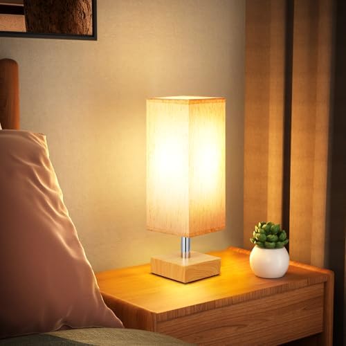 Wood-Grain Small Bedside Lamp for Bedroom - Square Cream Fabric Shade - Image 6