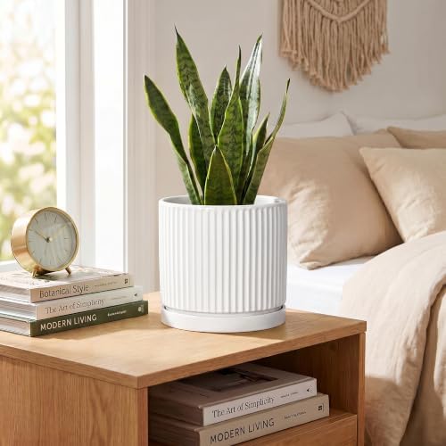 Ceramic Plant Pots 6 Inch, Round Pots for Plants with Tray, White - Image 4