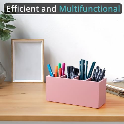 Bivvclaz Pencil Pen Holder for Desk, Wooden Office Desk Organizers and Accessories with 4 Slots for Countertop, Makeup Brush Holder Organizer for Bathroom Vanity, Silverware Caddy for Party, Pink - Image 2