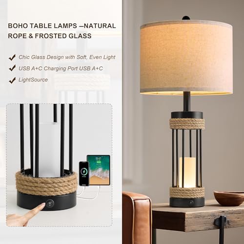 OYEARS 25" Table Lamps Set of 2 with Night Light, Rustic Bedside Lamps with USB C+A Charging Ports, Black Metal Lamp with Rope Accent and Frosted Glass, Farmhouse Lamps for Living Room Bedroom - Image 6