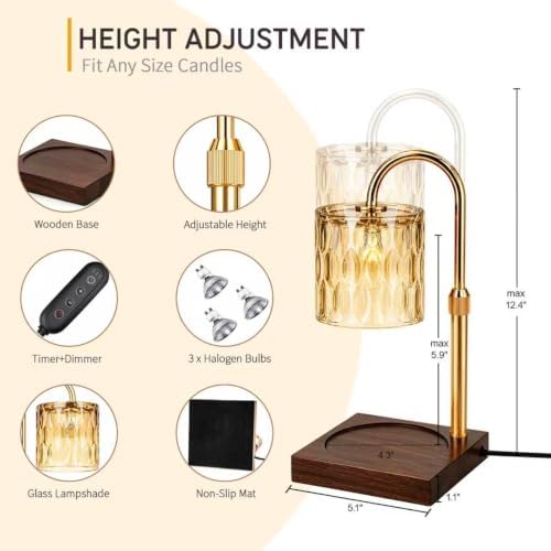 TOACSUCP Candle Warmer Lamp with 3 Bulbs, Adjustable Height Dimmable Candle Warmer with Timer, Compatible with Large Jar Candles, Candle Lamp with Charming Gift Box Ribbon for Her/Him(Walnut) - Image 3