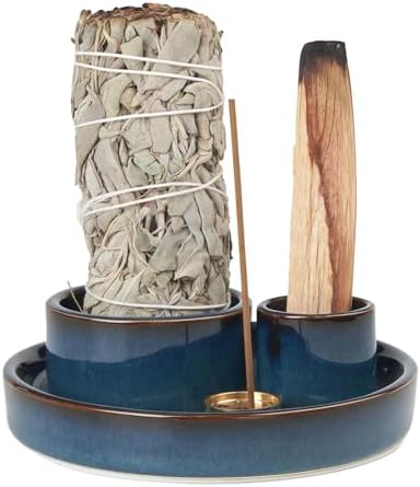 4 in 1 Incense Holder, Ceramic Incense Stick and Palo Santo Holder,Sage Holder for Burning- 4.25" Ceramic Ash Catcher Tray for Meditation and Yoga Room (Blue) by FancyLemon