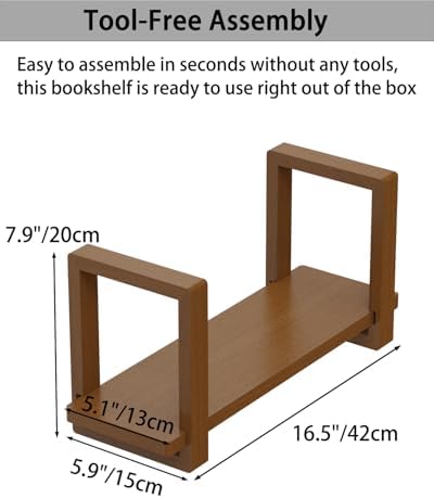 100% Solid Wood Adjustable Desktop Bookshelf, Retro Tabletop Bookshelf, Desk Shelf for Living Room, Home, Office, Perfect for Magazine, Books, Cookbooks, No Tools Required to Assemble (Walnut Brown) - Image 3