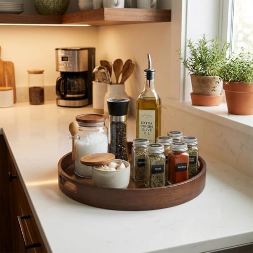 11.8 Inch Rustic Wood Serving Tray with Handles-Small Round, Decorative Tray for Kitchen Living Room Coffee Table Candle Display Breakfast in Bed, Multi-Functional Food & Beverage Tray Farmhouse Style - Image 2