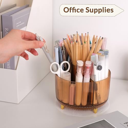 SKYDUE Rotating Pencil Pen Holder, Pen Organizer with 5 Slots - Aesthetic Desk Organizer and Accessories for School, Home, Office Supplies, Clear Tawny - Image 3