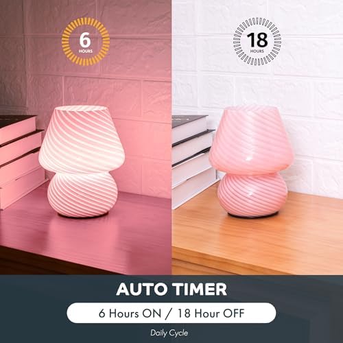 ULAROOM Battery Operated Mushroom Lamp - Vintage Small Table Lamp With Timer, Cordless Bedside Nightstand, Glass Battery Powered for Bedroom Kitchen Living Room Shelf Decor Aesthetic Pink - Image 4