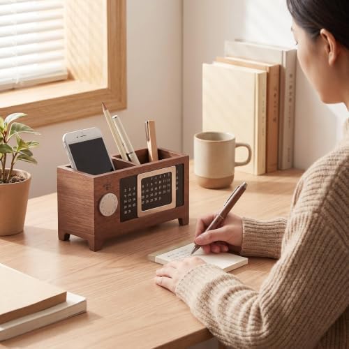 Wooden Desk Organizer with Perpetual Calendar, Multi-Compartment Pen Holder, Office Desk Storage Box for Pens, Phone, Stationery & Small Accessories - Image 7