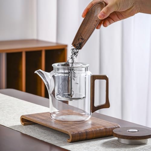 Glass Teapot, 700ml, Stovetop Safe, Walnut Wood Handle, Removable Stainless Steel Infuser, Non-Drip Spout - Image 3