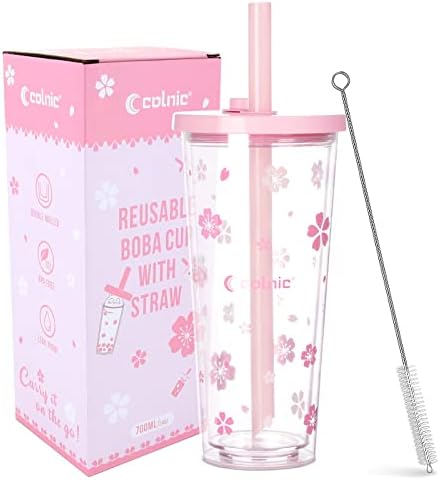 Reusable Plastic Boba Cup With Lids And Straws, 24Oz/700ml Smoothie Cups, Iced Coffee Cup, Leakproof Kawaii Cup, Boba Tumbler With Boba Reusable Straw,Double Wall Clear Bubble Tea Cup by WelcomeToColnic
