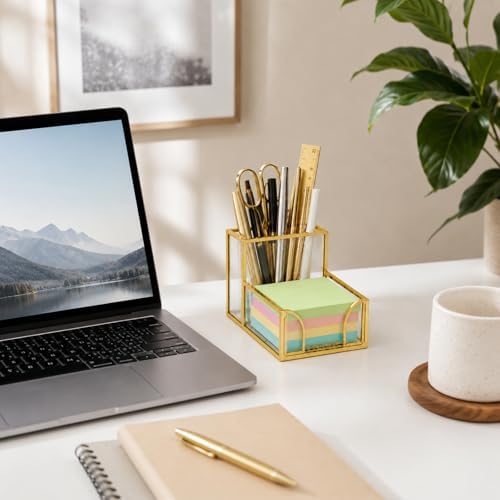 Feyarl Gold Glass Note Holder with Pen Pencil Cup 3x3 Inch Sticky Notes Desk Organizer Markers Pen Storage Desktop Accessory for Office Home Classroom - Image 3