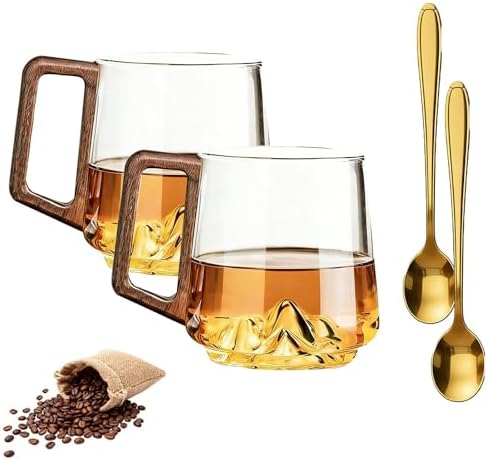Gray Glass Slanted Coffee Cups with Wooden Handle, 15.2oz Wonder Mountain Bottom Wood Handle Cup, Hot & Cold Drinks Vintage Style Wood Handle Mug for Coffee& Tea Lovers(Clear,2pcs) by Unknown