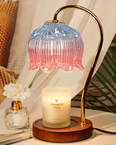 Funistree Flower Candle Warmer Lamp with Timer, Dimmable Candle Lamp Warmer, Christmas Birthday Gifts for Women Mom Her, Housewarming Home Decor, Lotus Wax Warmer for Yankee Candles - Blue&Pink by Funistree