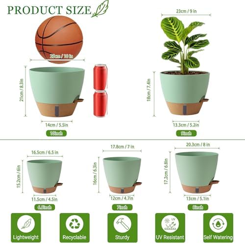 Self Watering Pots for Inoor Ourdoor Plants 10/9/8/7/6.5 Inch, 5 Pack - Image 3