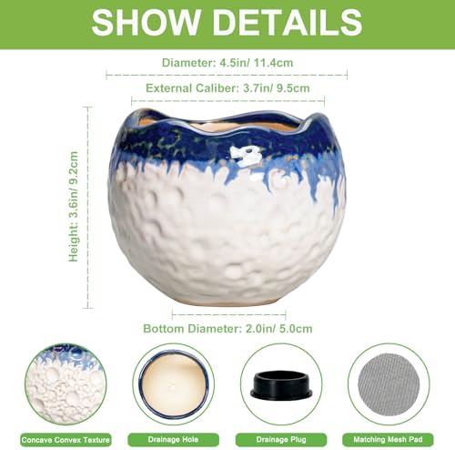 4 Inch Plant Pots, Ceramic Pots for Plants, Beige-Blue - Image 2