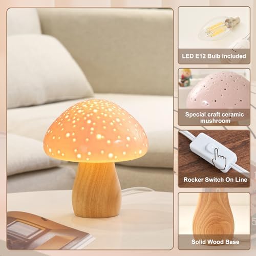 BOHON Mushroom Lamp Ceramic Bedside Table Lamp, Pink - Image 5
