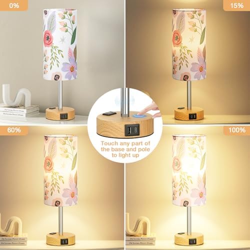 Fenmzee Floral Bedside Lamp for Bedroom, Dimmable Touch, USB A+C, AC Outlet - Image 2
