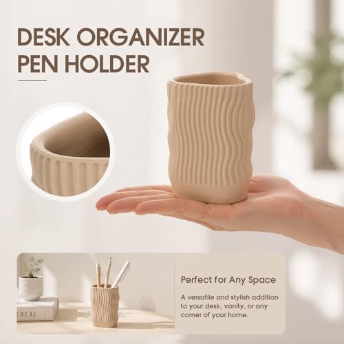Aesthetic Desk Organizer Boho Pen Holder Modern Pencil Holder Beige Plastic Makeup Brush Organizer for Office Desk Accessories Stylish Home Office Art Decor Supplies(Stylish) - Image 4