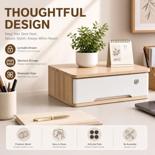 Wooden Desktop Storage Box with Lockable Drawers, Flat File Cabinet Drawer Desktop Storage Box, Countertop Storage Cabinet for Office Home Toiletries Supplies Vanity (natural wood+white, 1 Drawer) - Image 7