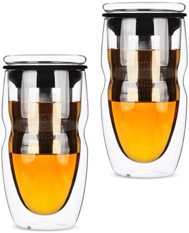 BTaT- Double Wall Glass Tea Cup With Stainless Steel Infuser and Lid, 16 oz, 2 Pack, Borosilicate Glass Tea Mug Infuser, Gifts for Tea Lovers by BrewToATea