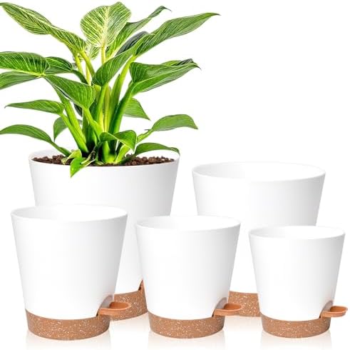 Vanslogreen Planters for Indoor Plants 7/6.5/6/5.5/5 Inch, Self Watering Planters with Drainage Holes and Saucers 5 Pack Plastic Pots for Plants, Succulents, Herbs, Cactus, Flower Pots, White by Vanslogreen