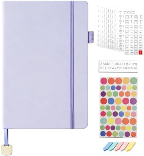 A5 Dotted Journal Starter Kit with Stencils and Stickers, Hardcover Dot Grid Notebook with 120 GSM Paper, Index Tabs and Date Stickers for Journaling, Study and Work,Light Purple by Unknown