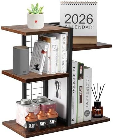 Y YOMA Desktop Bookshelf, 3 Tier Wood Desk Shelf for Top of Desk, Compact Vertical Storage Desk Organizer & Display Rack for Home Office Dorm, Rustic Brown by YYOMA