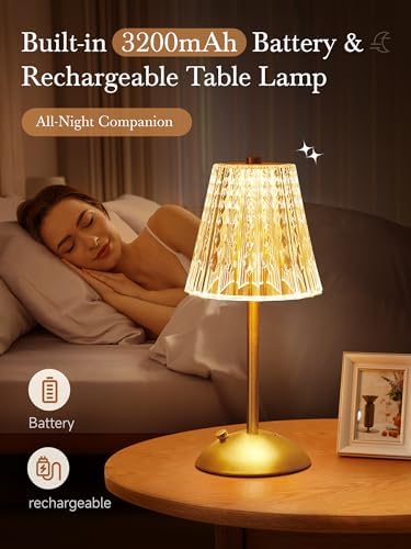【3200mAh】Brass Table Lamp, 3 Colors+Dimmable+Touch Crystal Lamp LED Gold Lamp, Mood Lighting Mood Light, Brass Decor for Bedroom/Bathroom/Kitchen/Dinner/Bar/Entryway/Buffet, Traditional Home Decor - Image 2