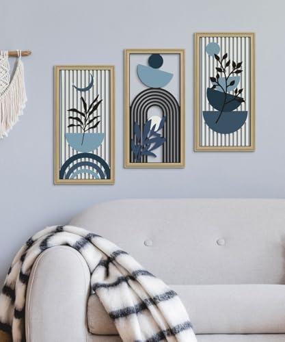 Putuo Decor Boho Abstract Wall Art, Set of 3, Modern Botanical Wooden Wall Decor, Blue Mid-Century Minimalist Framed Artwork for Living Room Bedroom, Office - Image 6