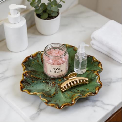 Flower Shaped Ceramic Jewelry Tray, Decorative Trinket Dish for Rings Earrings Necklaces, 5 Inch Ceramic Catchall Tray for Vanity Bathroom, Gift for Women (Green) - Image 4