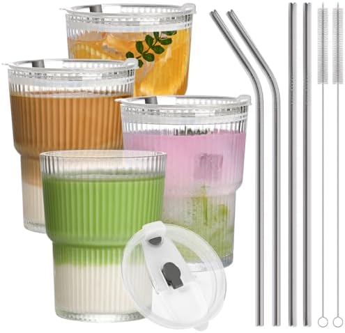 13oz Iced Coffee Cups,4Pcs Glass Cups with Lids and Straws Drinking Glasses,Clear Ribbed Glassware,Reusable Tumbler Glass to Go Cup for Matcha, Iced Tea,Juice by AUFXKOO