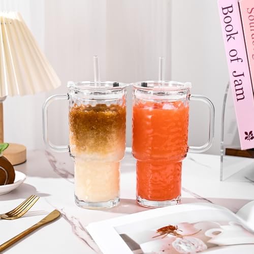 17oz Glass Tumbler with Handle & Lid – 2-Pack Iced Coffee Cups with Straws, Glass Mug for Cold & Hot Beverages Travel Cup for Smoothies, Tea, and Juice (clear-Glacial pattern-2pack) - Image 5