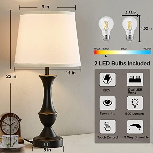 Touch Table Lamps Set of 2, 22" Tall Bedside Lamps with USB C+A Ports - Image 6