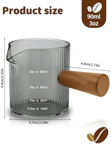 Espresso Measuring Cup 3 Oz, Espresso Glass Cups with Wood Handle, Milk Frothing Cup, Espresso Cup for Coffee, Milk, Tea or Maple Syrup Serving (Gray, 3 oz) - Image 2