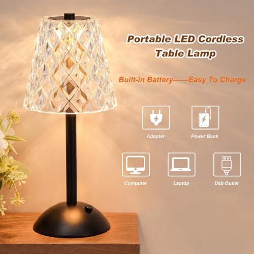 Liliful 2 Pcs Cordless Table Lamp LED Touch, Black, Diamond Style - Image 3