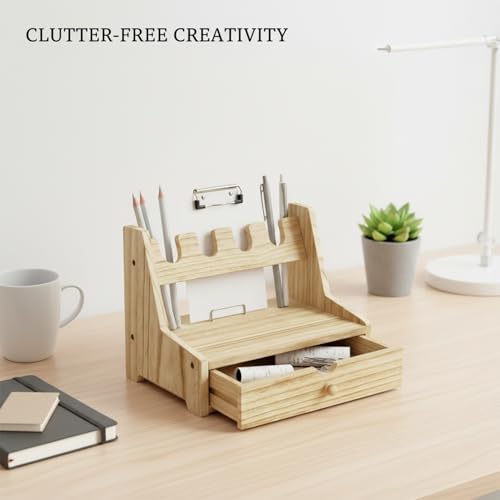Solid Wood Desktop Organizer with Drawer, Compact Office Desk Caddy for Pens and Small Accessories, Space-Saving Display Rack for Home Workspace (1 PC) - Image 2