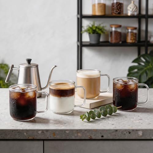 Glass Coffee Mugs, 8 oz iced coffee cups, Clear Tea Cups Set of 4, Glass Mugs with Handles, Glass Cups for Latte, Cappuccino, and Tea - Image 6