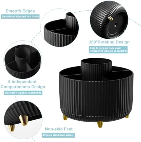 Cayxenful Pencil Holder For Desk,5 Slots 360°Degree Rotating Desk Organizers And Accessories,Desktop Storage Stationery Supplies Organizer, Cute Pencil Cup Pot For Office, School, Home (H-Black) - Image 2
