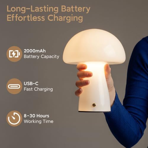 Mushroom Table Lamp, Cordless Table Lamp, Rechargeable & Dimmable, White - Image 5