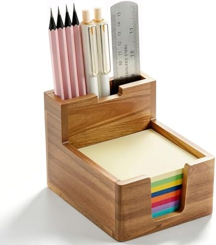 Acacia Wood Sticky Note Holder with Pen Slot, 3x3 Sticky Note Dispenser for Desk, Non-Slip Pads Office Storage Organizer by Unknown