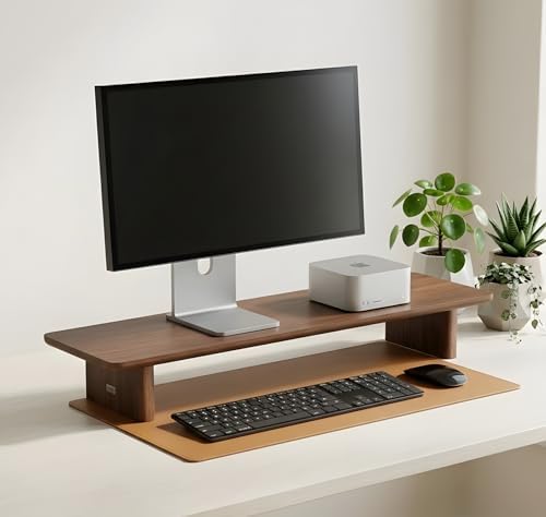 Walnut Single Monitor Stand Riser - 31.5" Wooden Monitor Stand for iMac, Laptop & Monitor, Minimalist Desk Shelf Organizer, Natural Wood Grain by Unknown