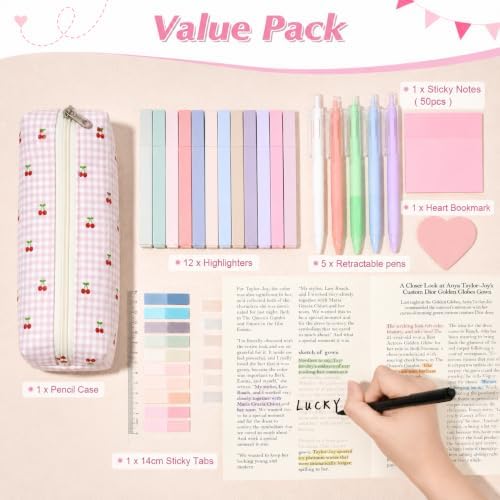 22Pcs Book Annotation Kit Aesthetic Pencil Case with Supplies School Annotation Supplies Gel Pen Transparent Sticky Note Taking Bible Study College Stationery Supplie (Pink Cherry) - Image 2