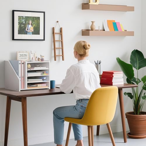 4-Tier White Wood Desk Paper Organizer, Modern Desktop Letter Tray for File Folders, White Office Desk Shelf Accessories & Workspace Organizers for A4 Documents, Sturdy Wood Sorter - Image 6